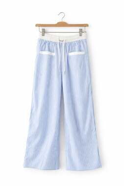 Seveers Mid Rise Lettering Blue Striped Wide Leg Parachute Pants